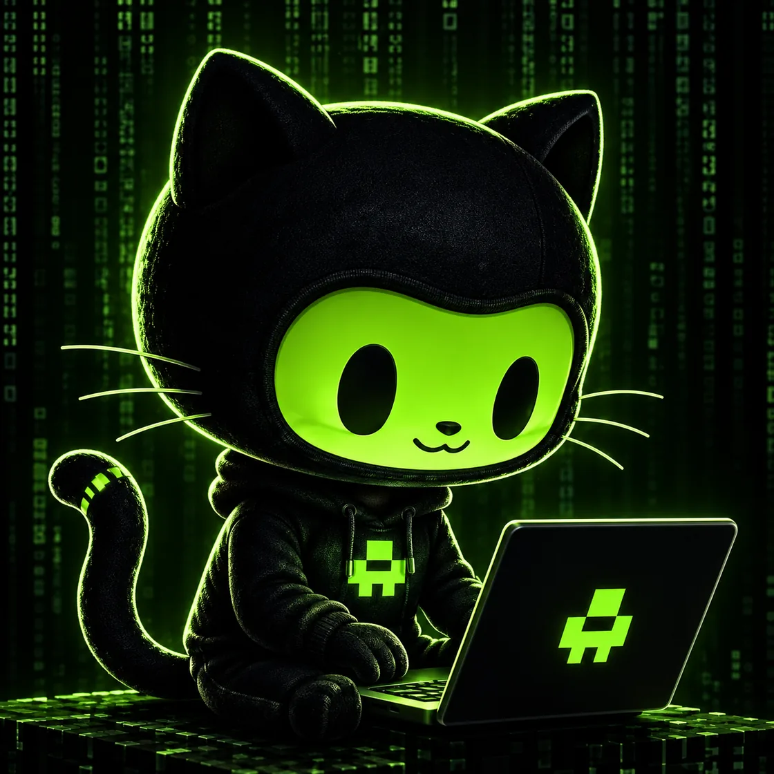 Omni, a black-hooded cat with a glowing green face, typing on a laptop